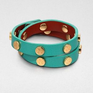 Teal Double Logo studded Leather Wrap Bracelet